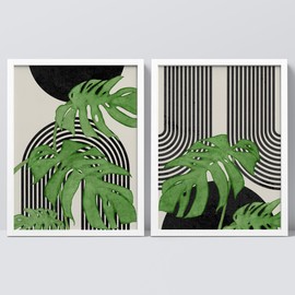 SIGNWIN Framed Set Mid-Century Modern Emerald Green Wall Art, Set of 2 Tropical Monstera Leaf Geometric Wall Décor Prints, Minimalist Wall Décor for Living Room, Bedroom - 8"x10" White