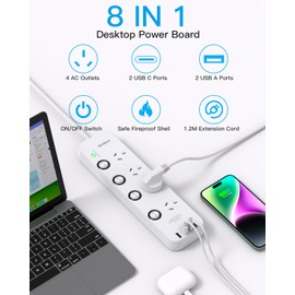 Addtam Power Board Individual Switch,Power Strip with 4 AC Outlets, 2 USB A and 2 USB C,Surge Protector 1.2M Extension Cord, 350 Joules,Overload Protection,Powerboard for Home and Office Use (White)