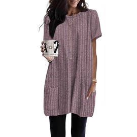 Naggoo Long Shirts for Women for Leggings Maternity T Shirts Loose Fit Summer Solid Short Sleeve Long Tunic Tops to Wear with Leggings Purple L