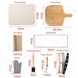Zonzest Pizza Stone Set 8PCS – Professional 15" Large Pizza Stone for Oven and Grill With Pizza kit, Pizza Cutter, Server, Pizza Peel, Gloves, Baking Paper Baking Stone for Grill -Pizza Peel Set