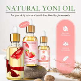 Natural Yoni Oil, 3 PCS Feminine Care Oil, Herbal Yoni Blend with Rose Oil, Strawberry Oil, Peach Oil, Restores pH Balance, Ingrown Hair, Reduces Odor, Moisturizing Formula for All Skin Types