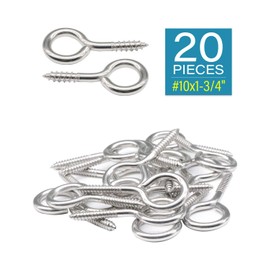 IMScrews 20Pcs #10 x 1-3/4" (1.75 Inch) Screw Eyes Eyelet Screws Lag Eyebolt Heavy Duty Hook for Wood 304 Stainless Steel