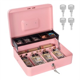 Cash Box with Money Tray and Lock, Metal Money Box for Cash Register, Large Cash Lock Box for Money Safe Includes 5 Slots Coin Tray, 4 Bill Slots, 4 Keys, 11.8" x 9.4" x 3.54" Pink