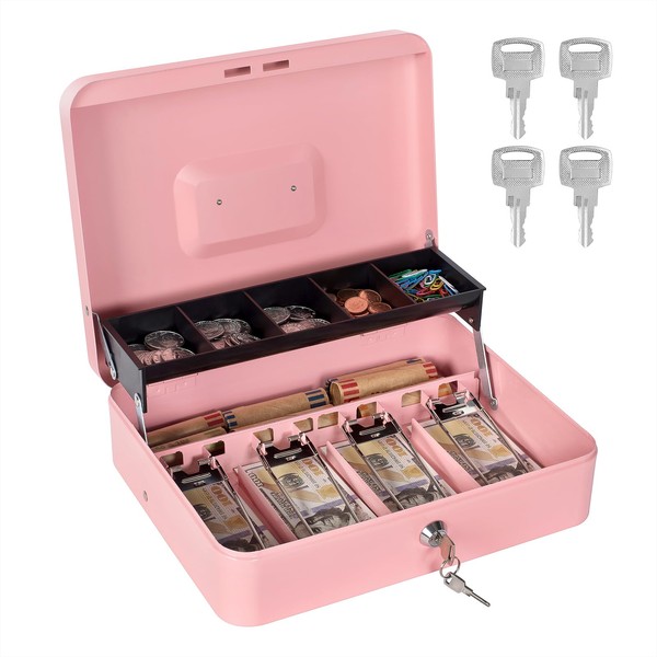 Cash Box with Money Tray and Lock, Metal Money Box
