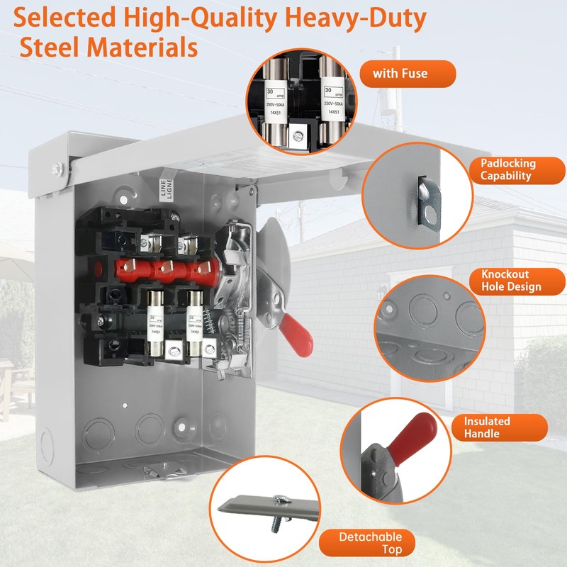 2P 30Amp Fusible Safety Switch, 120V/240V Heavy Duty Disconnect Switch,