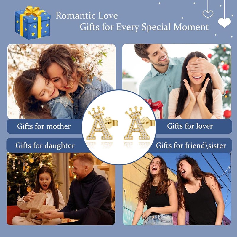 Letter Stud Earrings Crown Earrings for Girls 925 Sterling Silver