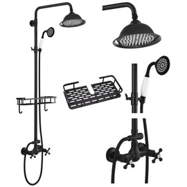 gotonovo Matte Black 8 inch Rainfall Shower Head Dual Functions Wall Mounted Exposed Shower Faucet with Shower Shelf Double Cross Handles With Adjustable Ceramics Handheld Sprayer Shower Shower System
