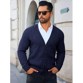 Runcati Mens Cardigan Sweater Casual Cable Knitted V Neck Button Down Winter Chunky Sweaters Navy