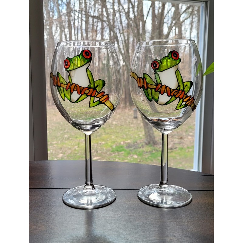 Green Tree Frog Hand Painted Stemmed Wine Glasses Set of