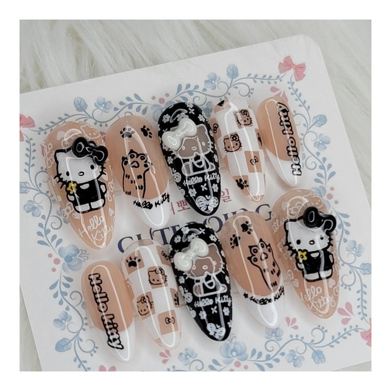 Black Ribbon Meow's Handmade Nail Tips - Square S /