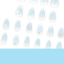 24 Pcs Almond Press on Nails Long Acrylic Fake Nails 3D Stars Butterfly Heart-Shaped Charms Nails Full Cover Stick on Nails with Blue Gradient Designs Cute Artificial False Nails for Women Girls