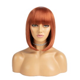 12 Inch Short Bob Wig with Bangs Copper Red Wig Natural Synthetic Short Bob with Fringe Heat Resistant Hair Fiber Wigs for Woman Cosplay Party Costumes