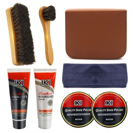 IKI Premium Leather Shoe Care Set - Colourless & Black Lanolin, Shoe Wax, 2 Horsehair Brushes, Flannel & High Fibre Cloths - Complete Shoe Polishing Solution, Clean.