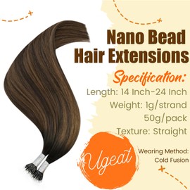 Ugeat Remy Nano Hair Extensions Brown Balayage Nano Bead Hair Extensions Real Human Hair Ombre Dark Brown Mix Medium Brown Nano Tip Hair Extensions for Women 14inch 50G 50S