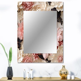 DesignQ Meadow of Pink and White Florals On A Hilltop Floral Wall Mirror, Printed Pink Wall Mirror, Traditional Bathroom Wall Mirror, Decorative Floral Mirror - 30x40 Inches