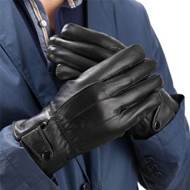 Men Genuine Leather Winter Gloves Full finger SheepSkin Lined Driving Gloves (Black2)
