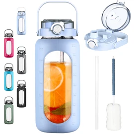 BLUEGO 64 oz Glass Water Bottles with Straw Time Marker Half Gallon Large Motivational Water Bottle with Silicone Sleeve 2 Liter Large Glass Water Jug for Gym, Sports& Workout, Light Blue