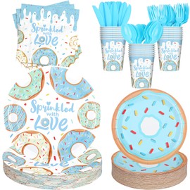 Sieral 350 Pcs Donut Baby Sprinkle Decorations for Boys Girls Donut Sprinkled Baby Shower Party Supplies, Plate, Napkin, Cup, Cutlery, birthday Decorations, 50 Guests(Blue)