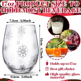 Sliner 4 Pcs Christmas Wine Glasses Set 17oz Stemless Wine Glasses Christmas Party Decoration Wine Glasses Set Christmas Holiday Gift Party Supplies, Hand Wash Only(Snowflake)