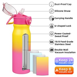BJPKPK 25oz Insulated Water Bottle With Straw Stainless Steel Double Wall Water Bottles BPA Free Leak Proof Thermo With Lockable Flip Lid And Soft Silicone Spout,Rainbow