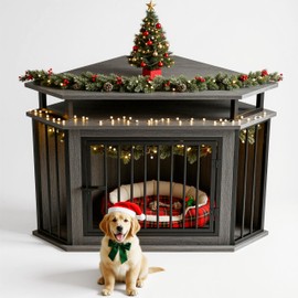 IRONCK 44" Corner Dog Crate with 2-Tier Shelves, Wooden Dog Kennel Furniture for TV Stand, Dog Kennel Indoor Furniture for Small and Medium Dogs, Rustic Brown (23.6" L x 43.3" W x 32.3" H)