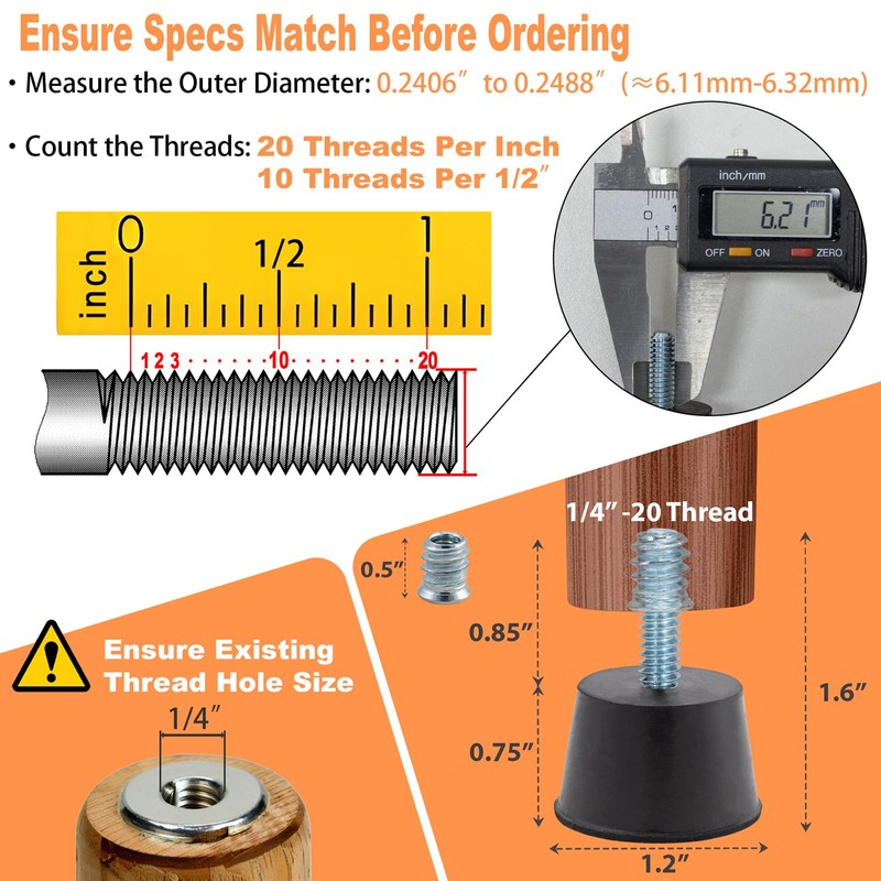 Adjustable 1/4" Rubber Threaded Furniture Levelers - 16 Pack |