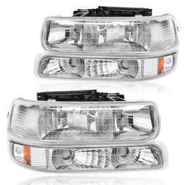 PIT66 Headlights Assembly, Compatible with 1999-2002 Chevy Silverado/ 2000-2006 Suburban Tahoe bumper Headlamp, Clear lens Chrome Housing Amber Reflector