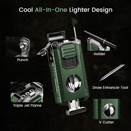 5-in-1 Torch Lighter with Cutter, Punch, Holder, and Draw Enhancer Tool, Triple Windproof Flame, All-in-one Lighter with Multi-Functional Accessory, Refillable Butane Lighter with Gift Box for Men