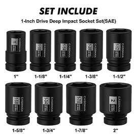 CASOMAN Juego de dados de impacto para tuerca de eje del husillo de 1 pulgada de transmisión, profundo, de 1" a 2", juego de dados grandes de impacto de 9 piezas, 6 puntos, SAE, CR-MO