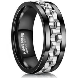 King Ring 8mm Gear Spinner Ring – Ultra Polished Fidget Ring for Men & Women Stainless Steel Ring K12 – Black Silver 14