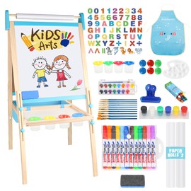 Ranqibo Easel for Kids, Adjustable Wooden Art Easel for Kids, Magnetic Whiteboard & Painting Blackboard, Drawing and Painting for Aged 3-12,2 Paper Rolls