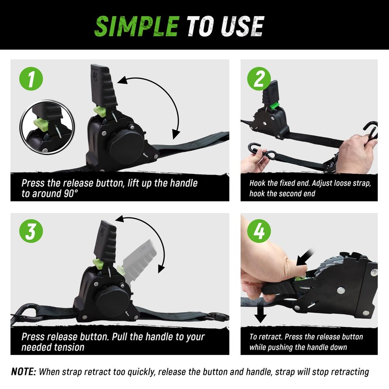 Retractable Ratchet Straps(4 Pack) - 1in x 10ft Self Retracting