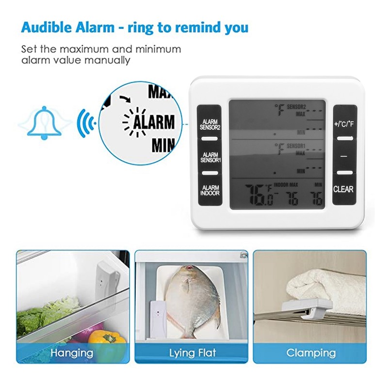 Refrigerator Thermometer Wireless Sensor Temperature Monitor with Audible Alarm for
