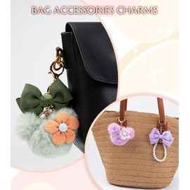 HONYJOOM Fluffy Keychain Cartoon Key Chain Cute Pearl Bow Keychains for Key/Backpack/Bag/Purse Charm Key Chain Green