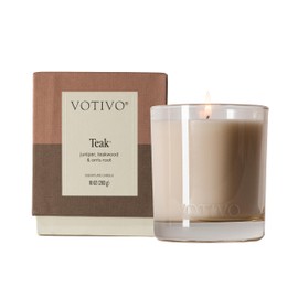 Votivo Teak 10 oz Signature Candle | Soy Wax Blend | Woody Outdoors Scent | Luxury Glass Jar Scented Candle & Box | Candles for Home Scented | Candle Gifts | Highly Scented
