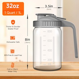 32oz Glass Pitcher, Breastmilk Pitcher with Lid & V-shaped Pour Spout, Double Leak Proof, Creamer Container for Sun Tea, Juice, Cold Brew Coffee, Breastmilk Storage Container (Gray)