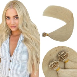 Elailite Nano Ring Hair Extensions Blonde Real Human Hair 50 Strands 50g Cold Fusion With Nano Beads Remy Hair Straight (#60 Platinum Blonde, 14 Inch)