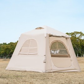 WaldZimmer Beige 5.8sq Inflatable Camping Tent with Hand Pump Easy Setup Outdoor Blow up Tent 2-3 Person Oxford 4 Season Glamping Air Tents Cabin House with Mesh Windows & Door No Stove Jack Included