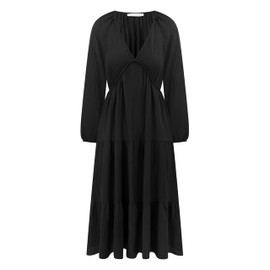 R.Vivimos Women's Fall Casual Gauze Cotton Dresses V Neck Long Sleeve Ruffle Tiered Flowy Midi Dress with Pockets (Large, Black)