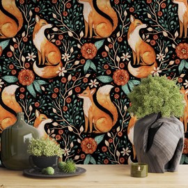 BEETAL Dark Black Watercolor Fox Orange Plants Flowers Botanical Vintage Green Leaf Animals Peel and Stick Wallpaper Easy Peel Off Stick on Adhesive Wall Paper for Waterproof Renter