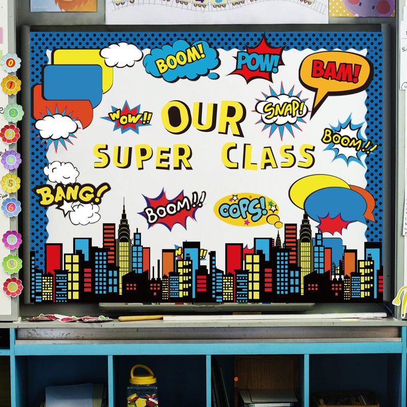 FYSUIMU 52Pcs Super Themed Hero Bulletin Board Decoration Set Cityscape