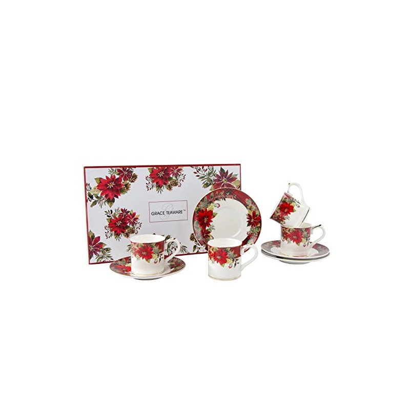 Grace Teaware Poinsettia Plaid Espresso Cups 2-Ounce with Saucers, Set