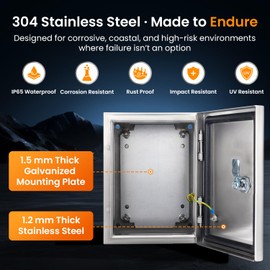 QILIPSU 304 Stainless Steel Electrical Box IP65 Waterproof Steel Project Enclosure Lockable Weatherproof Electric Junction Box for Indoor & Outdoor Use 14"x10"x6"