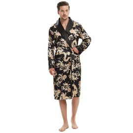 Haseil Men's Satin Robe Dragon Chinese Silk Spa Long Sleeve House Kimono Bathrobe, Black, TagsizeXL=UssizeM