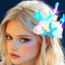 Latious Starfish Wedding Hair Clips Light Up Seashell Hair Barrettes Pearl Beach Hair Accessories for Women (Blue-Colorful Light)