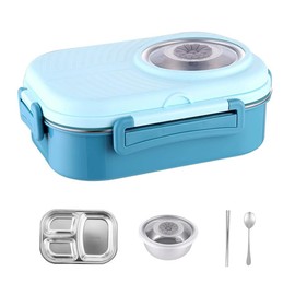 1pc Stackable Stainless Steel Bento Box for Kids and Adults - BPA-Free, 3 Compartment Lunch Container with Reusable Bowl and Cutlery, Fork & Spoon,Bule Bento Lunchbox (Blue)