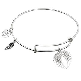 Rhodium On 925 Sterling Silver Angel Guardian Wing CZ Heart Feather Dangle Charm Bangle Bar Bracelet