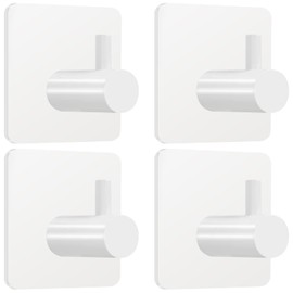 Fotosnow White Adhesive Towel Hooks Heavy Duty Wall Hooks Stick on Shower Hooks for Bathroom Kitchen Door-4Packs