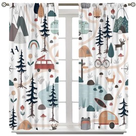 Camping Curtains, Vintage Camper Tent Travel Trailer Outdoor Camping Themed Pattern Window Treatment Retro Nature Scene Design Drapes for Bedroom Living Room, 42" W X 45" L (No Blackout)