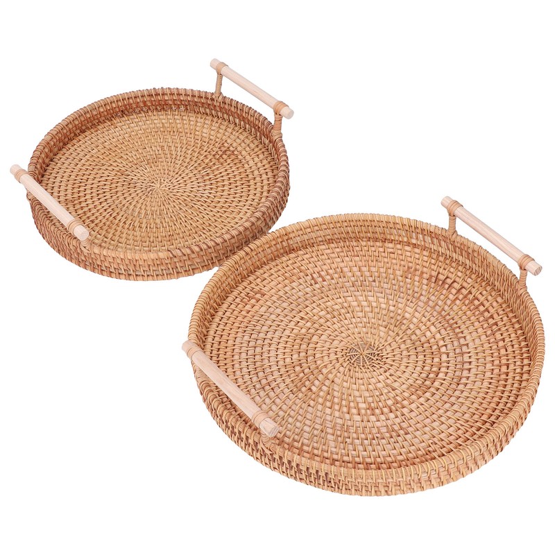 2PCS Hand Woven Rattan Tray Round Serving Tray Tea Fruit